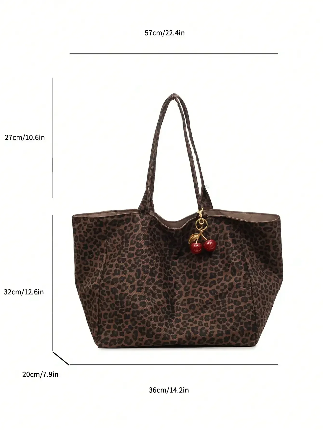 Large Capacity Women's Brown Tote Bag With Red Cherry Pendant. Featuring Leopard Print Design And Sturdy Dual Top Handles