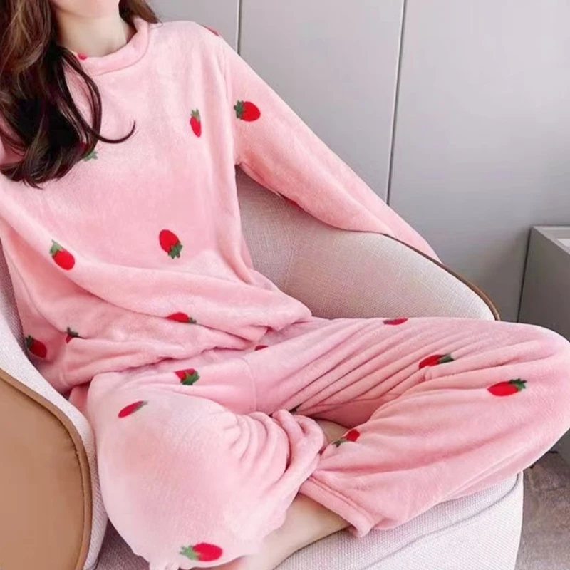 Strawberry Women Chic Basic Homewear Suit Cute Sweet Casual Pullover Top Elastic Waist Pants Autumn Winter Fleece Pajama Set New