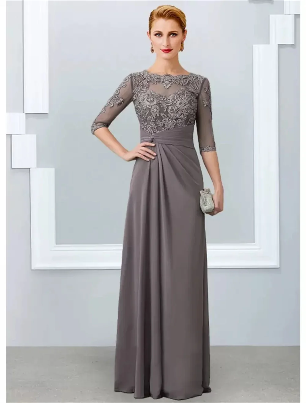 A-Linie graue Mutter der Braut Kleid elegante Juwel Hals boden lange Chiffon halbe Ärmel Applikationen Spitze Hochzeit Party Kleider