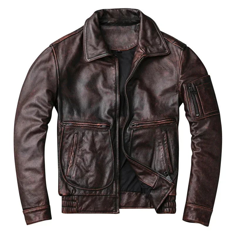 

AYUNSUE Genuine Leather Jacket Men Cow Coat Vintage Motorcycle brown real cowhide veste cuir homme KJ4115