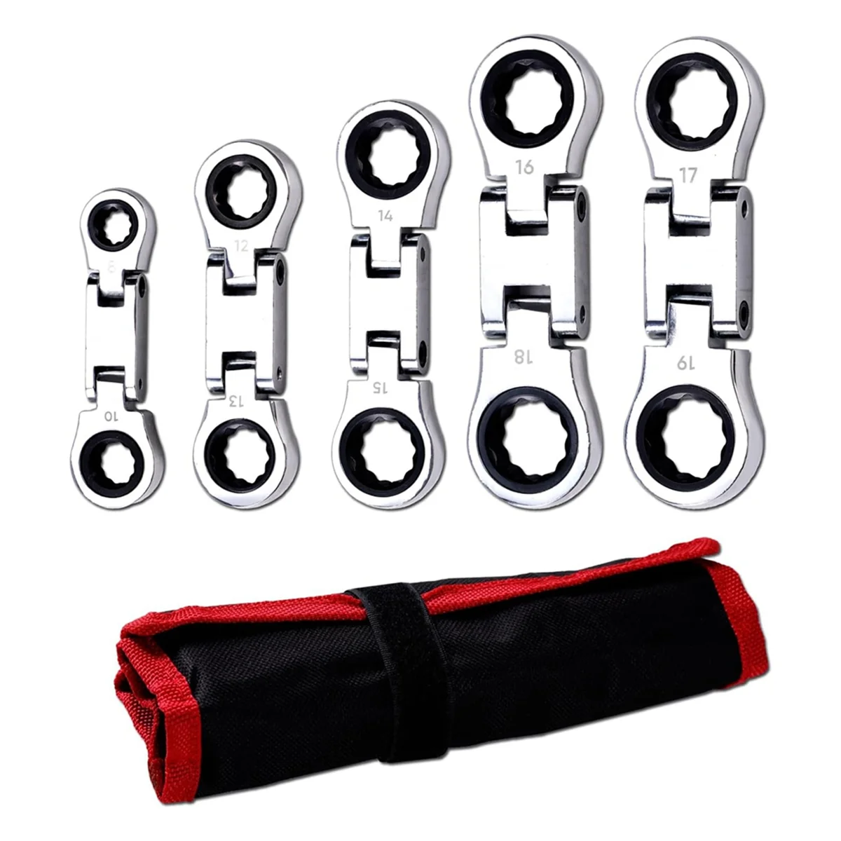 Conjunto de chave de catraca flexível toubby de 5 peças combinação métrica SAE 72 dentes, folheado a níquel com bolsa de rolamento