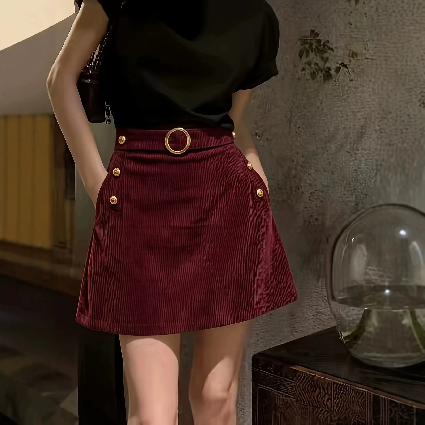 New Autumn. And Winter Women's Corduroy A-line Short Skirt With Golden Button Rings On Both Sides,   Classic Half Skirt