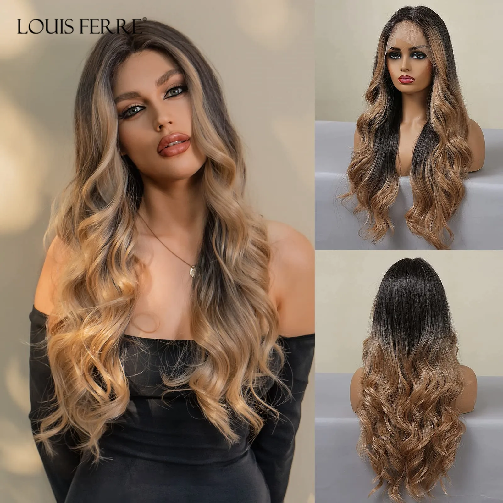 LOUIS FERRE Long Ombre Blonde Lace Front Synthetic Wigs for Women Brown to Golden Natural Wavy Middle Parting Wig Heat Resistant