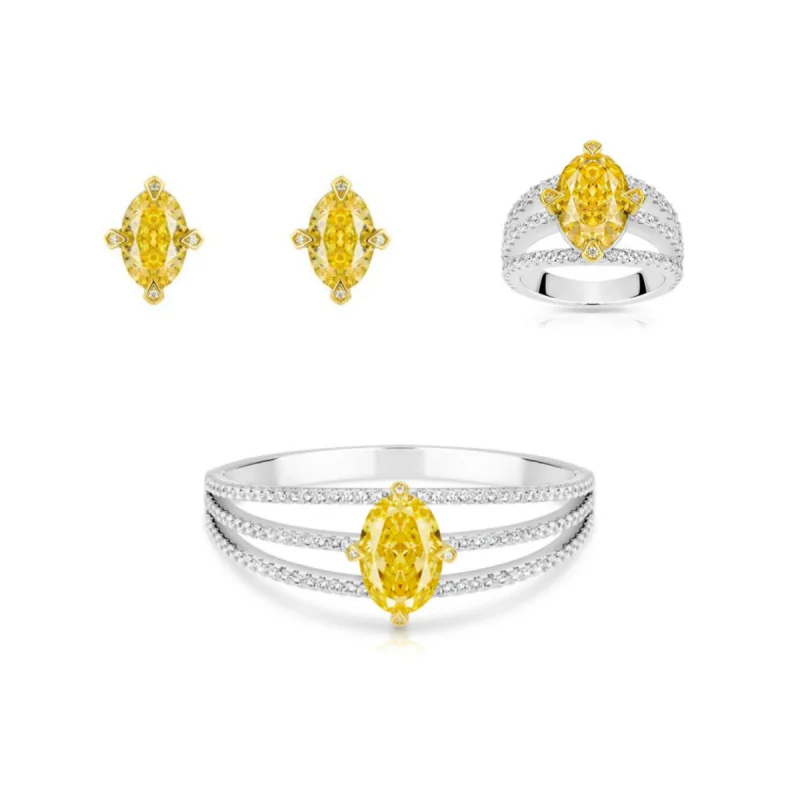 

Комплект украшений Bellux из серебра 925 пробы с синтетическим цирконом: кольцо, серьги, браслет. Желтый циркон цвета голубиного яйца. Изысканные ювелирные изделия.