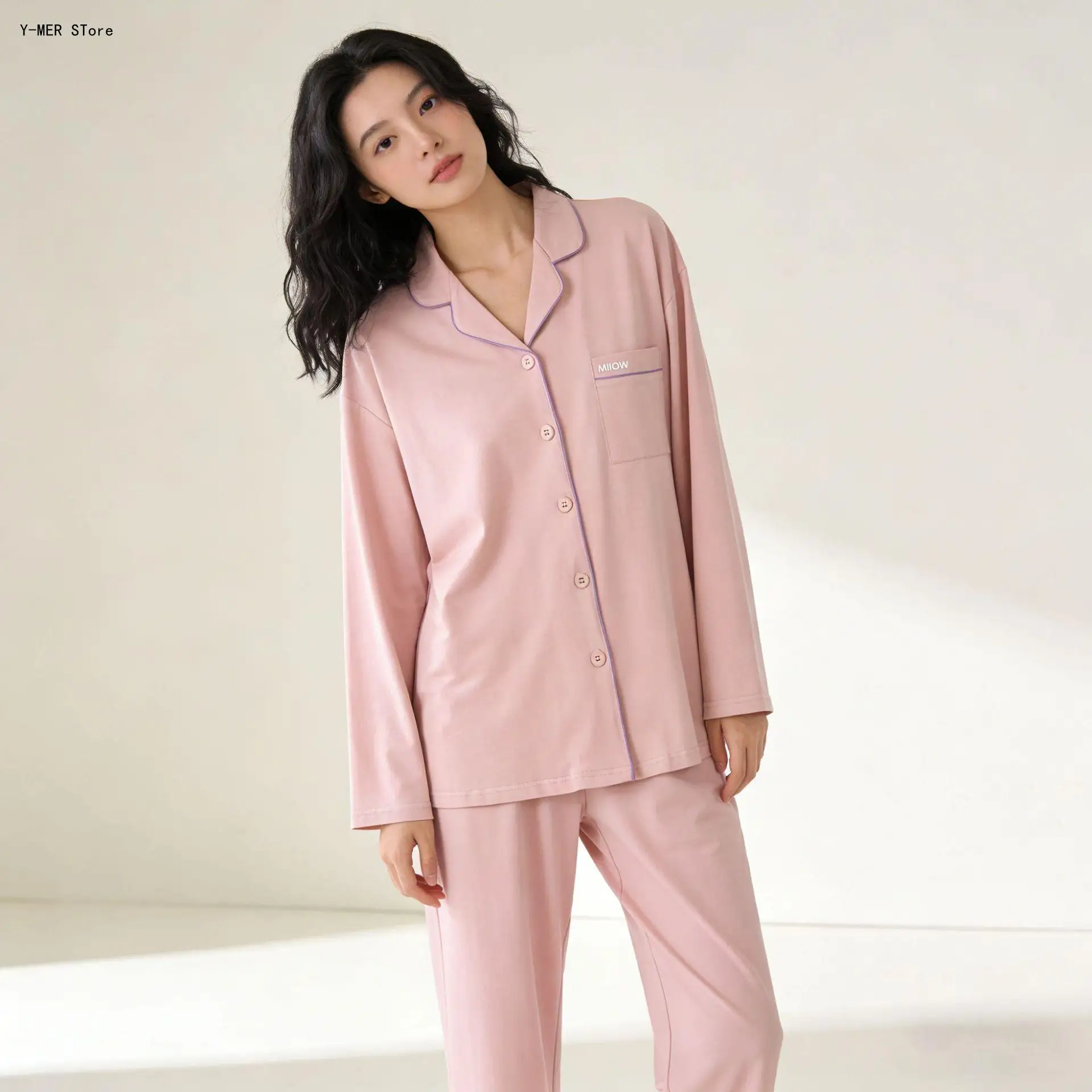 Women Spring Autumn Piece Pajama Set Open Front Solid Color Casual Ladies Home Loungewear Sleepwear Outfit