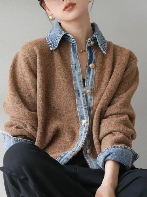 

Heavyweight Denim Patchwork Knitwear Top Autumn Winter Faion Turn-down Collar OL Long Sve Open Cardigan Coat for Women