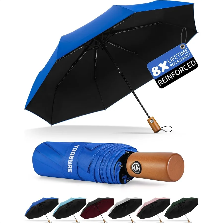 

Yoobure Ветрозащитный дорожный зонт с деревянной ручкой, автоматические зонты от дождя, УФ-защита от солнца, компактный 46, большой светильник с навесом