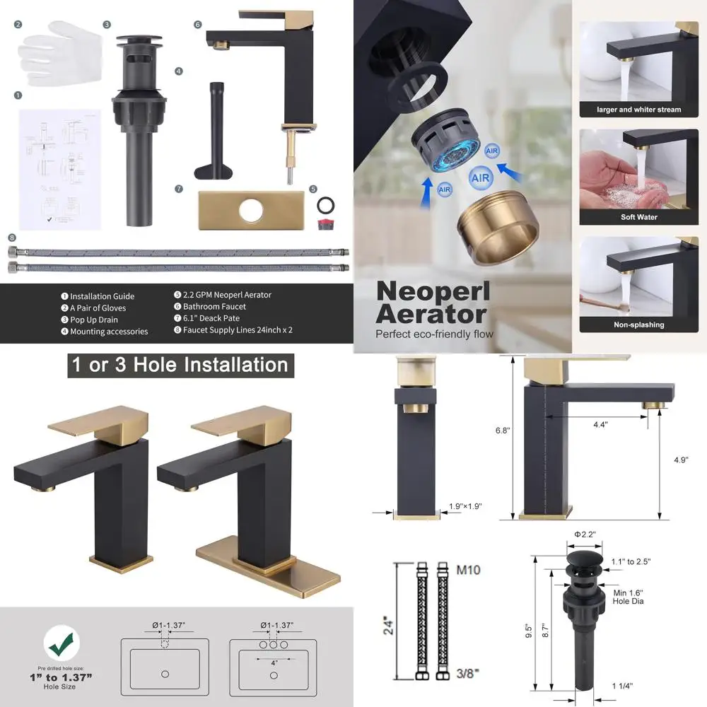 

Modern Single Hole Black and Gold Bathroom Sink Faucet with cUPC Supply Lines and Pop-Up Drain