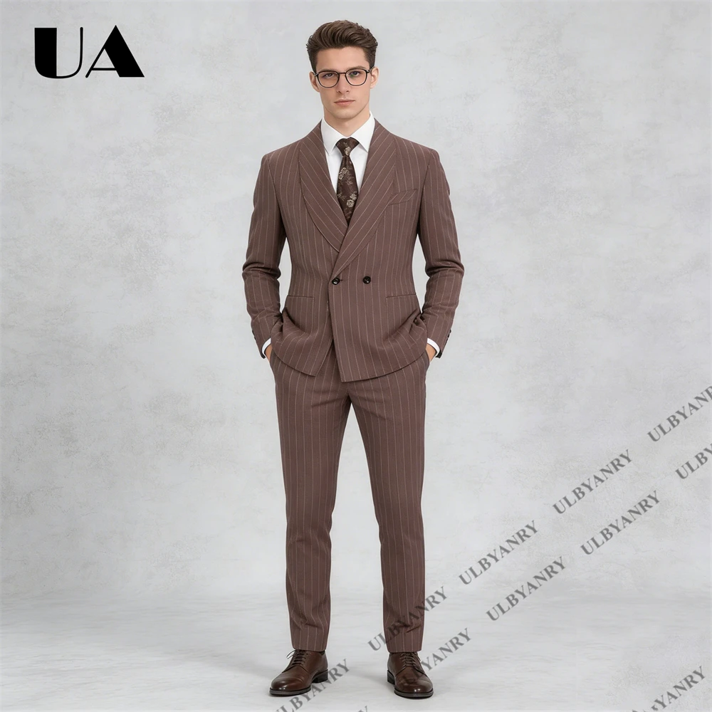 

ULBYANRY Men’s Brown Pinstripe Double Breasted Suit Set Including Jacket & Pants, Elegant Business Suit for Wedding, Interview