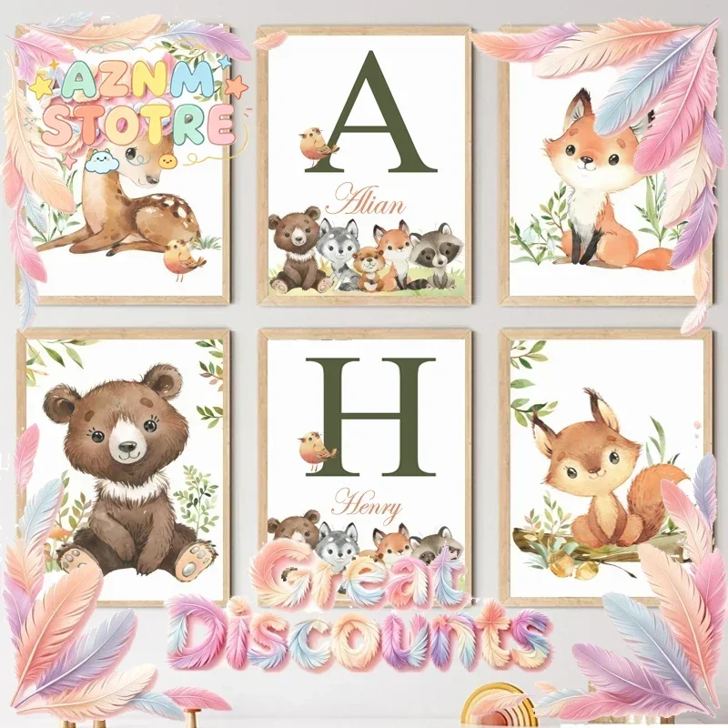 Woodland Nursery Prints Forest Animal Deer Rabbit Bear Fox Custom Wall Art Canvas Painting Poster Wall Pictures Kids Room Dec