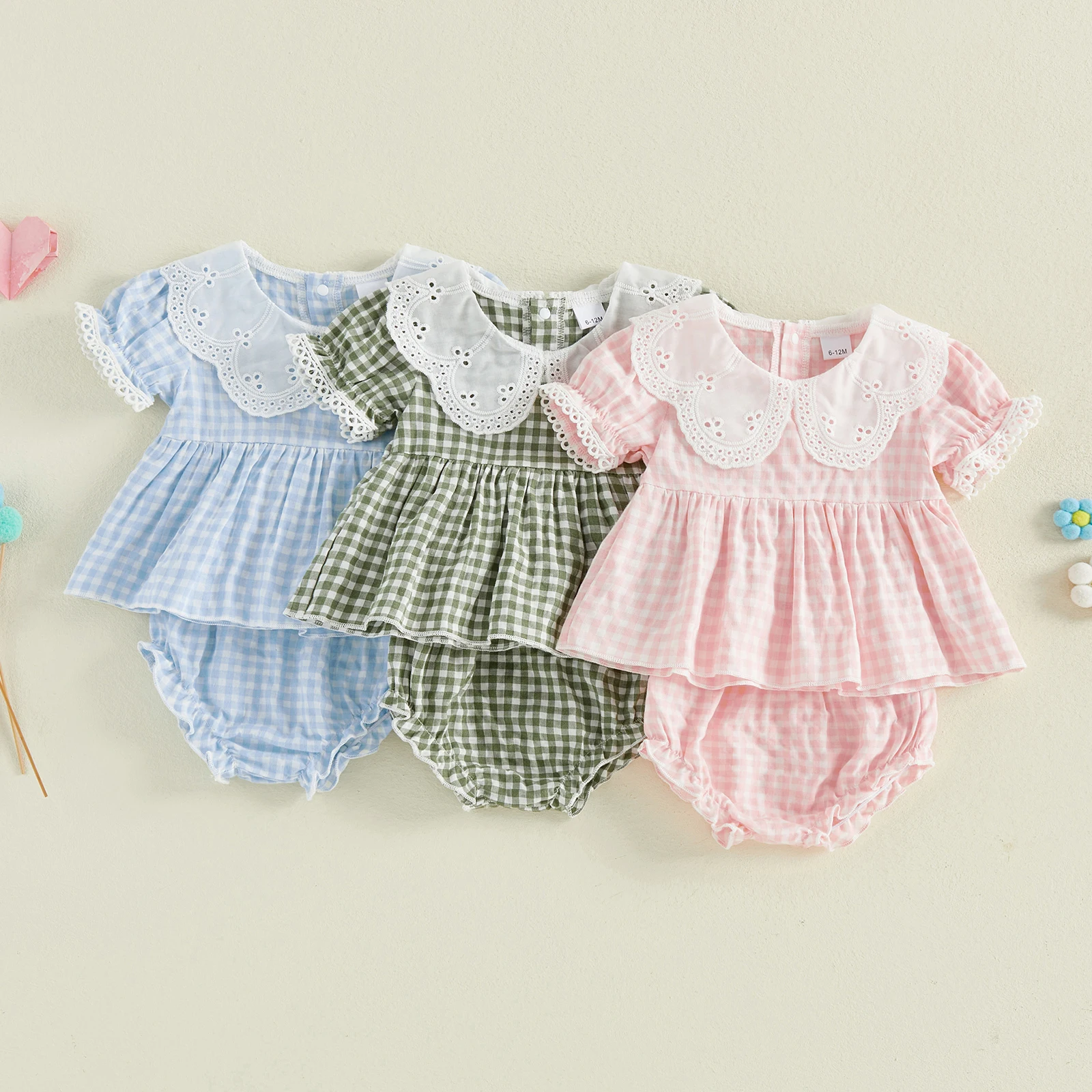 0-24M Baby Girls Shorts Set Short Sleeve Doll Collar Plaid shirt with Elastic Waist Shorts Summer Girls 2-piece Outfit