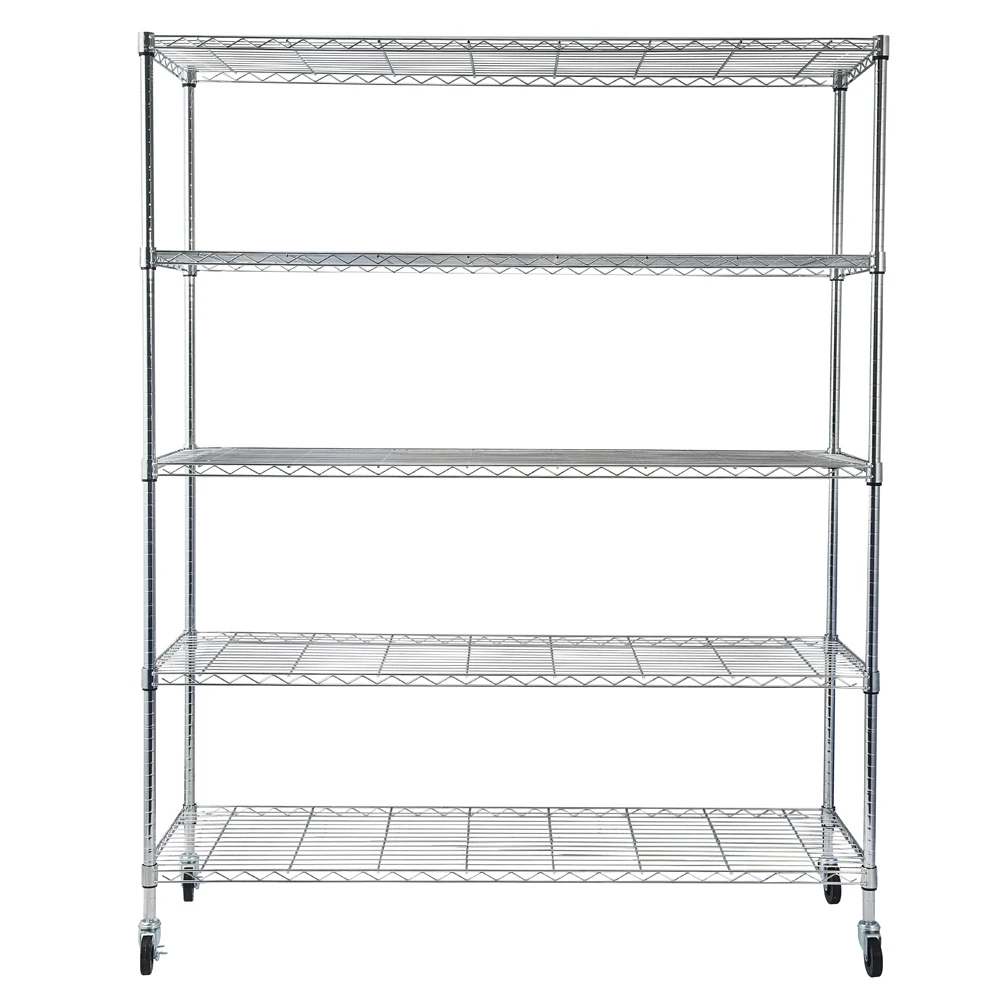 5-Tier NSF Heavy Duty Adjustable Storage Metal Rack with Wheels & Shelf Liners Ideal for Garage, Kitchen, and More - Chrome