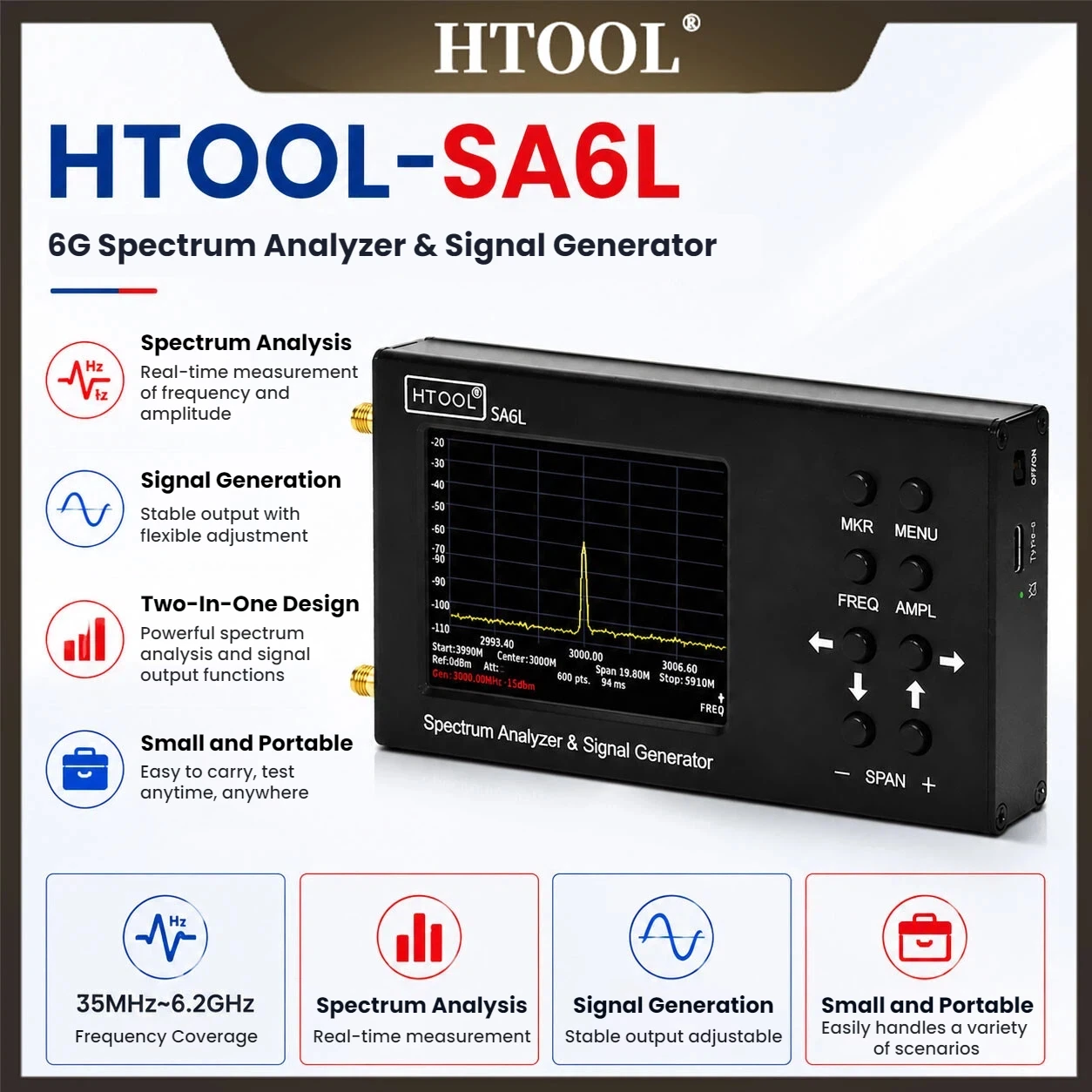 HTOOL-SA6L Handheld Spectrum Analyzer 35-6200MHz Signal Source 50/75Ω Dual Impedance Waterfall Mode Battery Type-C