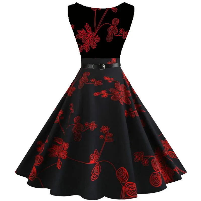 Summer Women Dresses Casual Floral Printed Sleeveless High Waist Retro Vintage Party Dress With Belt