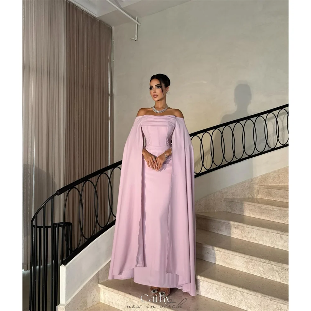 

Розовое платье для выпускного вечера Cathy с открытыми плечами и шалью, простое платье-футляр, вечерние платья длиной до щиколотки, 2025