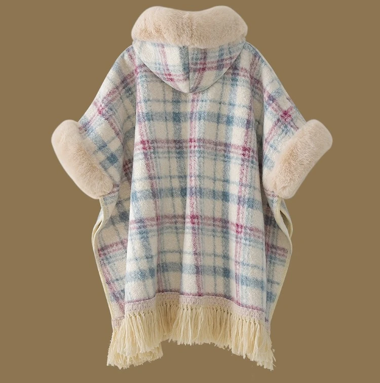 Autumn Winter Women's Blue White Patchwork Woolen Tassel Cape Coat Fleece Lined Thickened Warm Pink Yellow Plaid Hooded Shawl