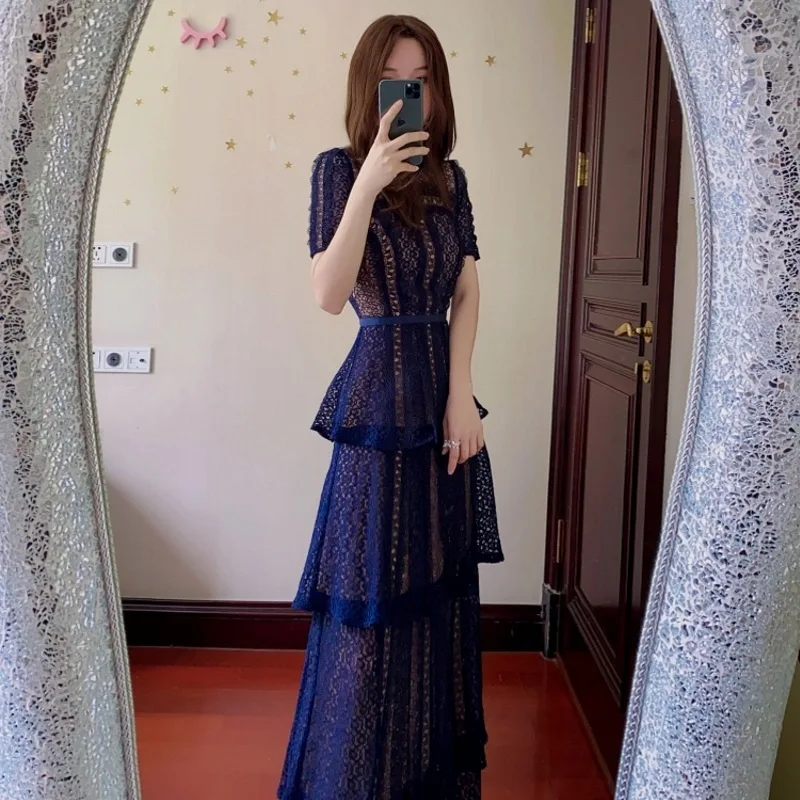 Spring/Summer New Women's Water soluble Lace Splicing Deep Blue A-line Layer Cake Slim Fit Long Dress