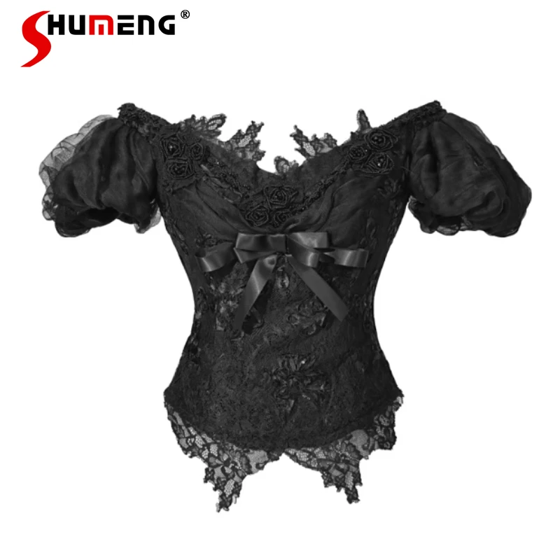 Halloween Japanese Rojita Dark Black Slim Fit High Waist Blouse Gothic Off-Shoulder Puff Sleeves Mesh Top Short Sleeved Shirt