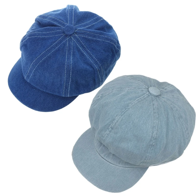 

Women Men Vintage Washed Blue 8-Panel Octagonal Newsboy