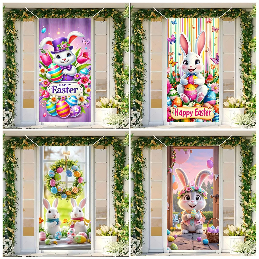 

Spring Easter Theme Door Cover Backdrop Suppplies Easter Egg Bunny Background Party Decoration Garden Floral Photo Shoot Prop