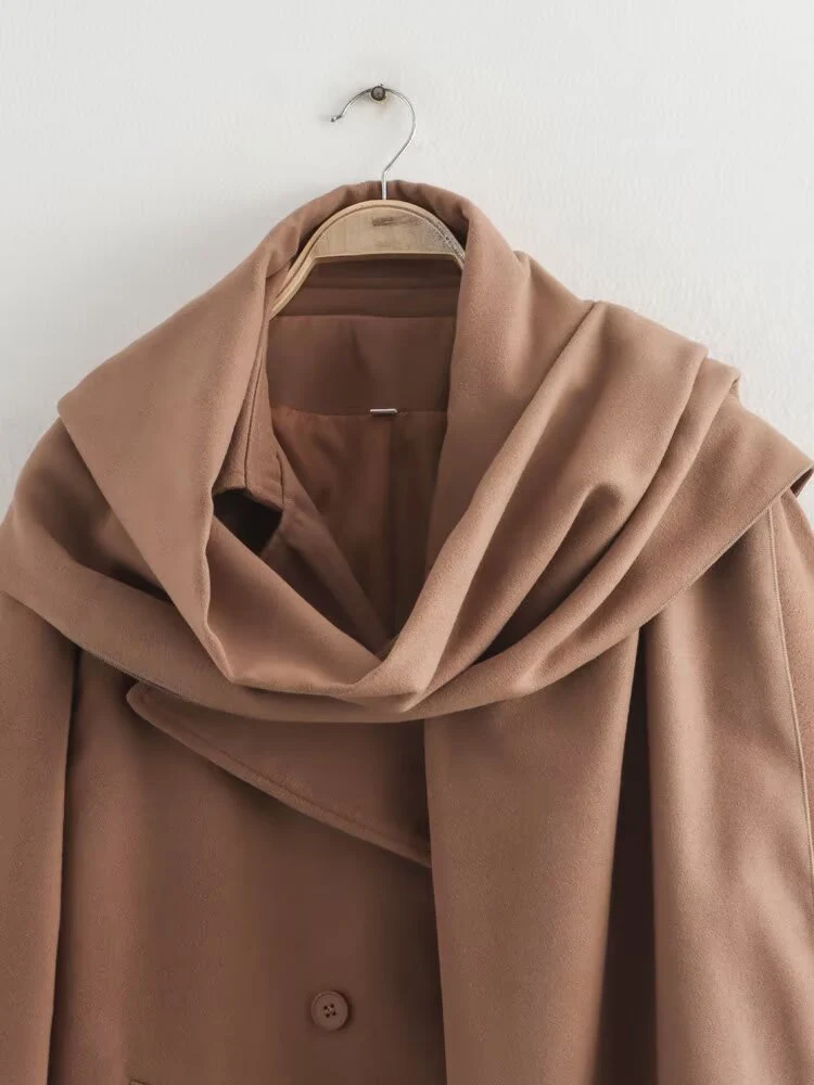 أزياء نسائية جديدة على الطراز الأوروبي، متعددة الاستخدامات، أنيقة بلون سادة معطف صوف مزدوج الصدر مع ياقة وشاح، طويلة جدًا. #3