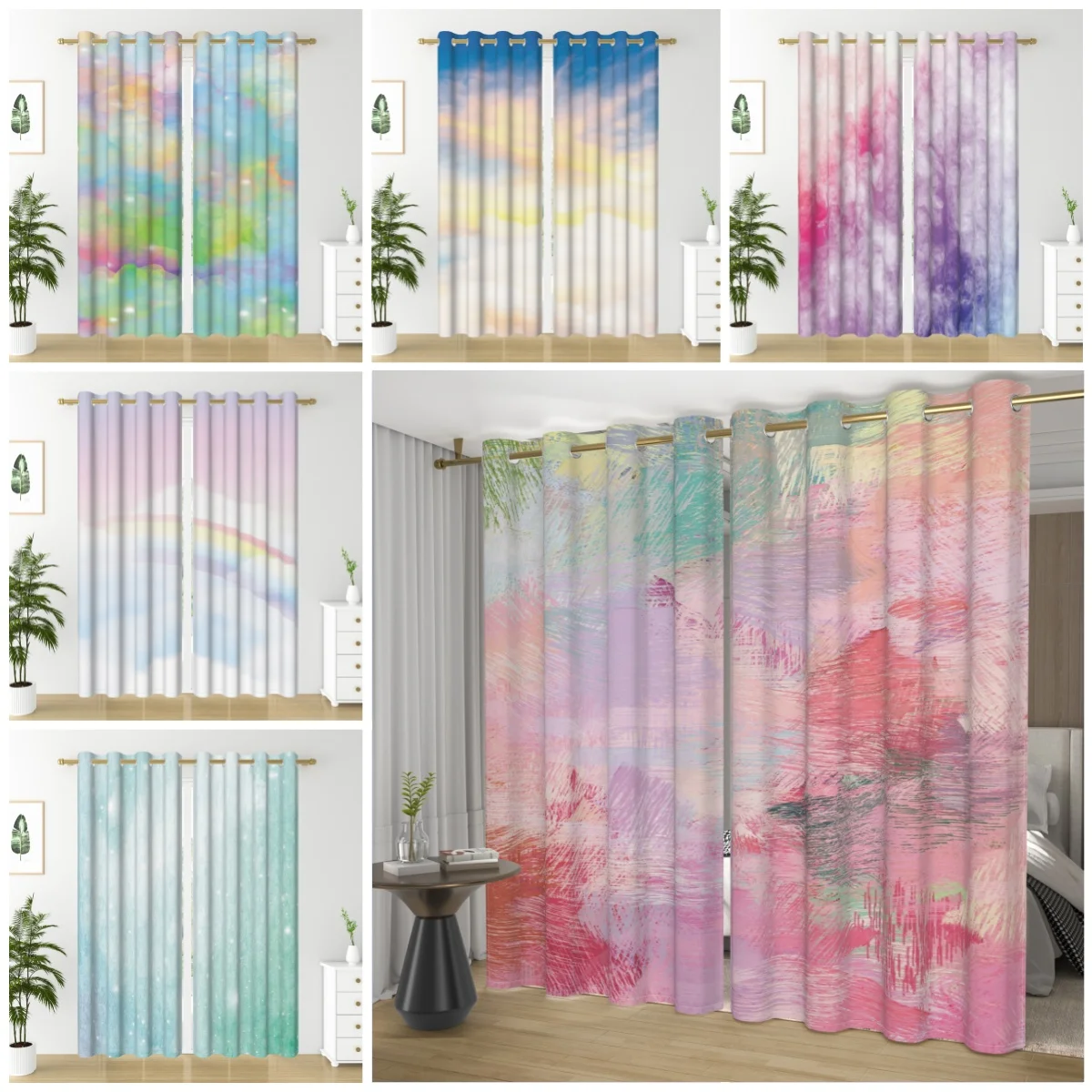 2pcs/set Colorful Sky Window Curtains Colorful Spot Clouds Rainbow Bathroom Living Room Decoration Blackout Polyester Curtains