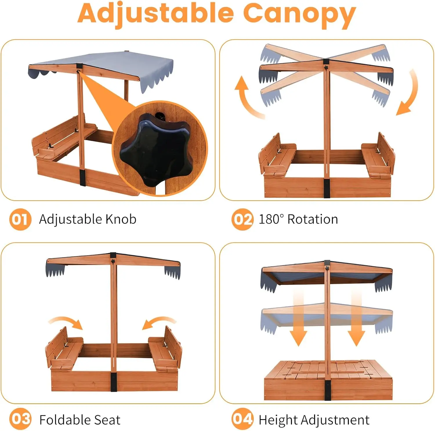 Kids Sandbox with Lid, Foldable Bench Seats Sand Box, Sandbox for Kids with Cover Adjustable Height Roof and Bottom Liner, Sand