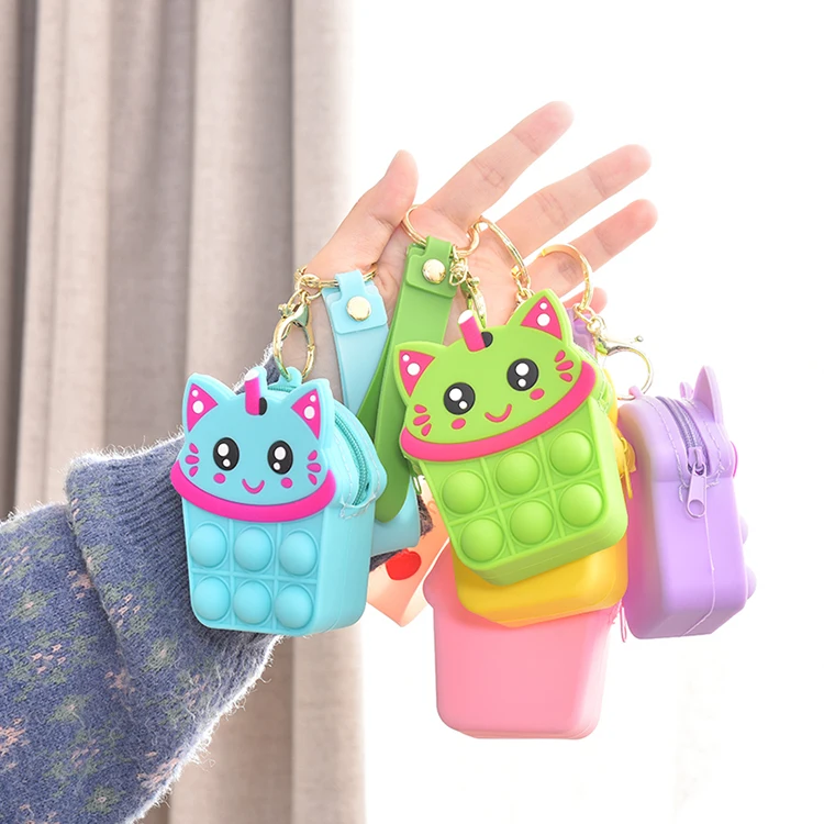 BPA-Free Cute Cat Silicone Coin Purse Mini Macaron Color Fidget Popper Push Bubble Bag Unisex Kids Squeeze Toy Decompression