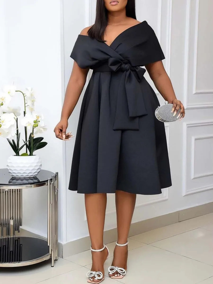 

LW Off The Shoulder Bandage Design A Line Dress Women Elegant Knotted Short Sleeve Monochrome Knee Length Dresses Vestidos