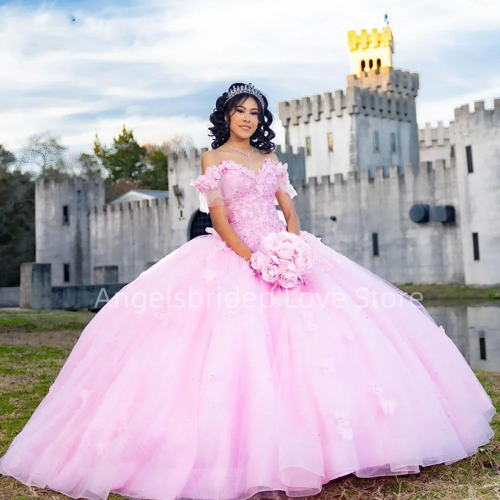 Angelsbridep vestido De baile De quinceañera con apliques De encaje, corsé con cuentas De flores en 3D, color rosa, 15 años