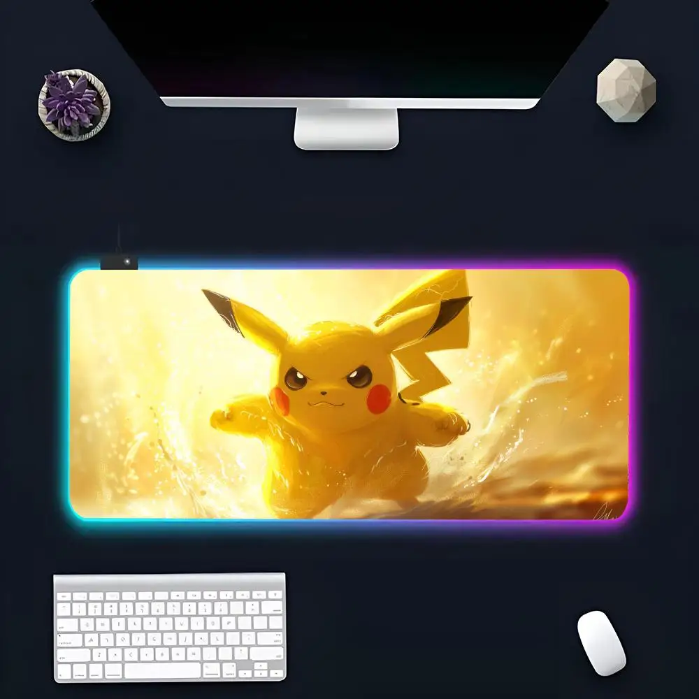 Anime Game P-Pikachu MINISO Mouse Pad RGB Gaming Mousepad LED Large Gamer Mousepads XXL Keyboard Pads Luminous Desk Mat Backlit