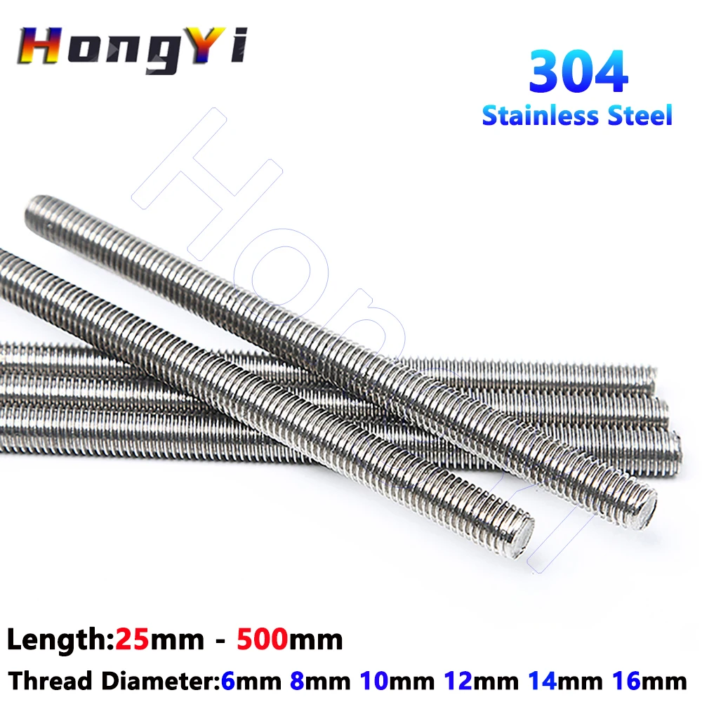 M6 M8 M10-M16 304 Stainless Steel Full Threaded Rod Fully Metric Thread Rods Shaft Bar Screws Headless Bolt Stud L=25mm-500mm