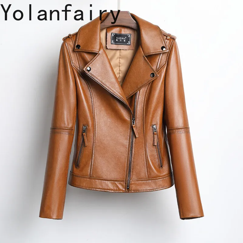 

YOLANFAIRY Women 2026 Spring Autumn Genuine Sheepskin Leather Jacket Motorcycle Short Hot Fashion Real Leather Coat Outerwear