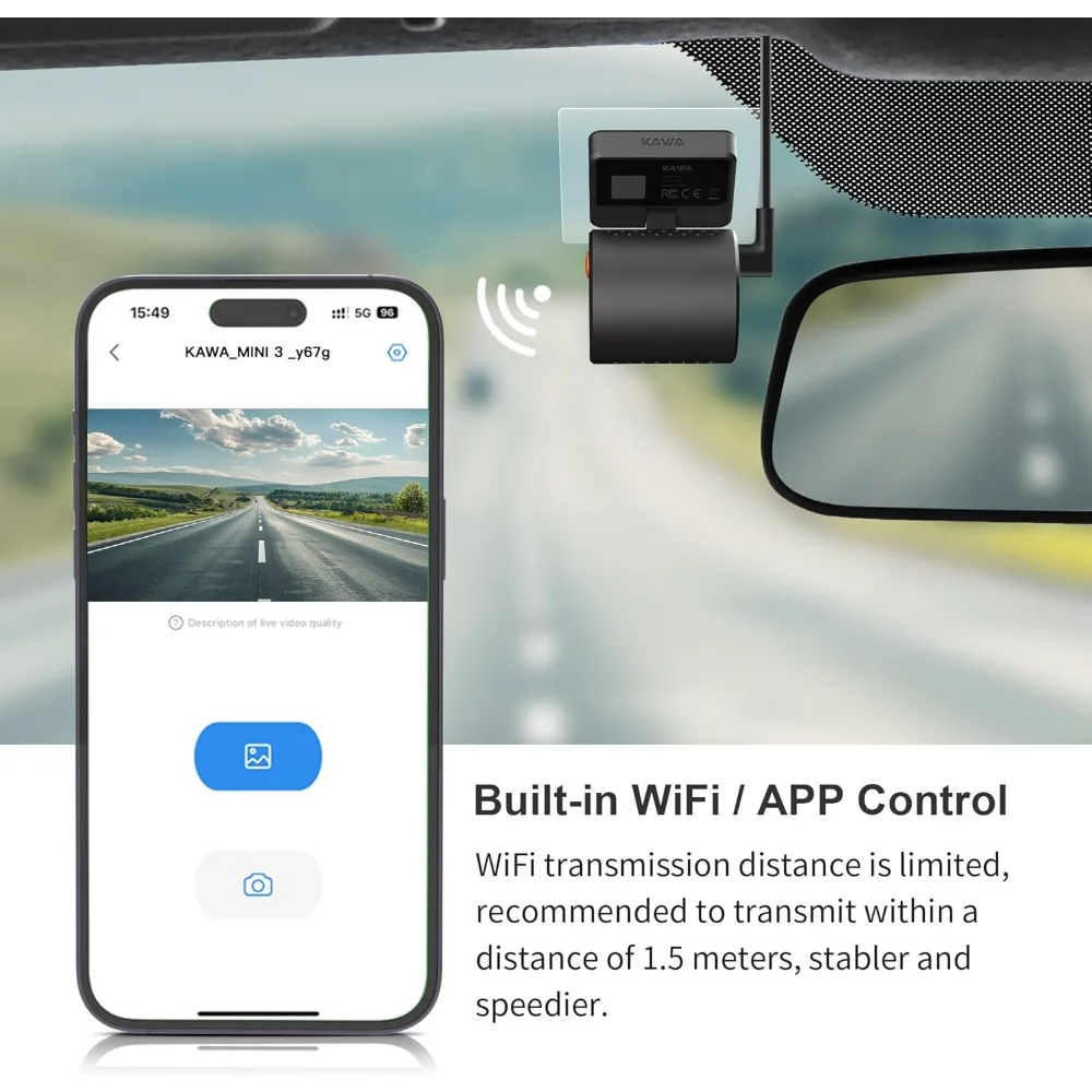 كاميرا داش صغيرة من KAWA، كاميرا سيارة صغيرة 1296P QHD - تحكم صوتي، WDR/3D DNR مع رؤية ليلية فائقة، مراقبة ركن السيارة 24 ساعة