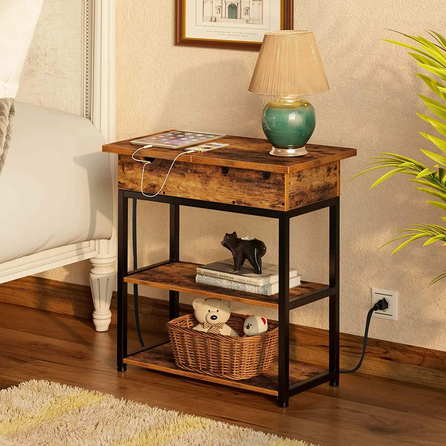 Vintage style steel wood furniture with power socket, foldable bedside table, sofa side table