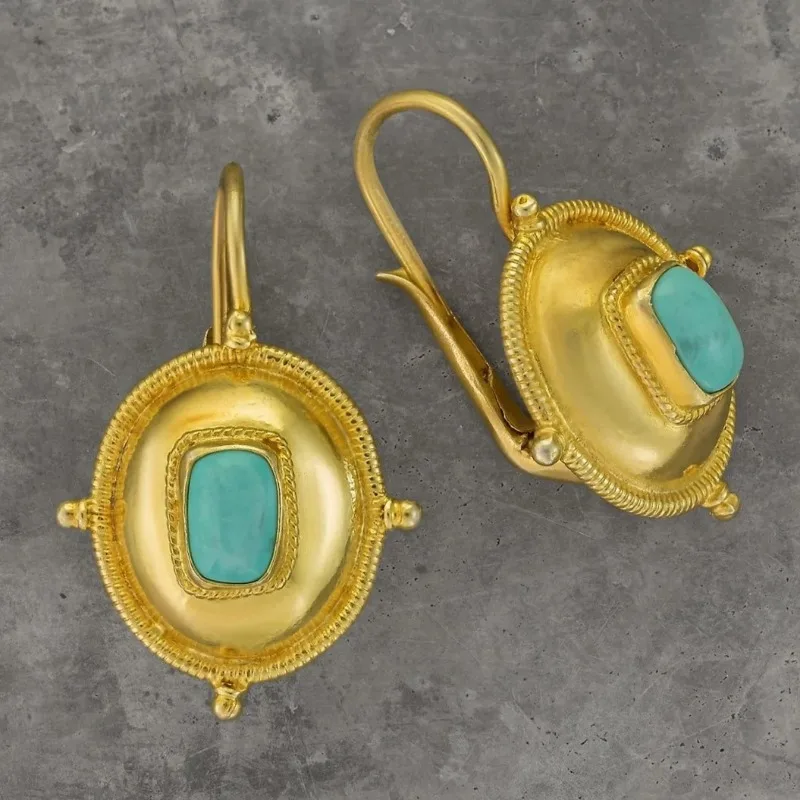 Vintage Court Gold Color Ornate Earrings for Women Creative Ethnic Style Imitation Turquoise Earrings Party Jewelry Gifts