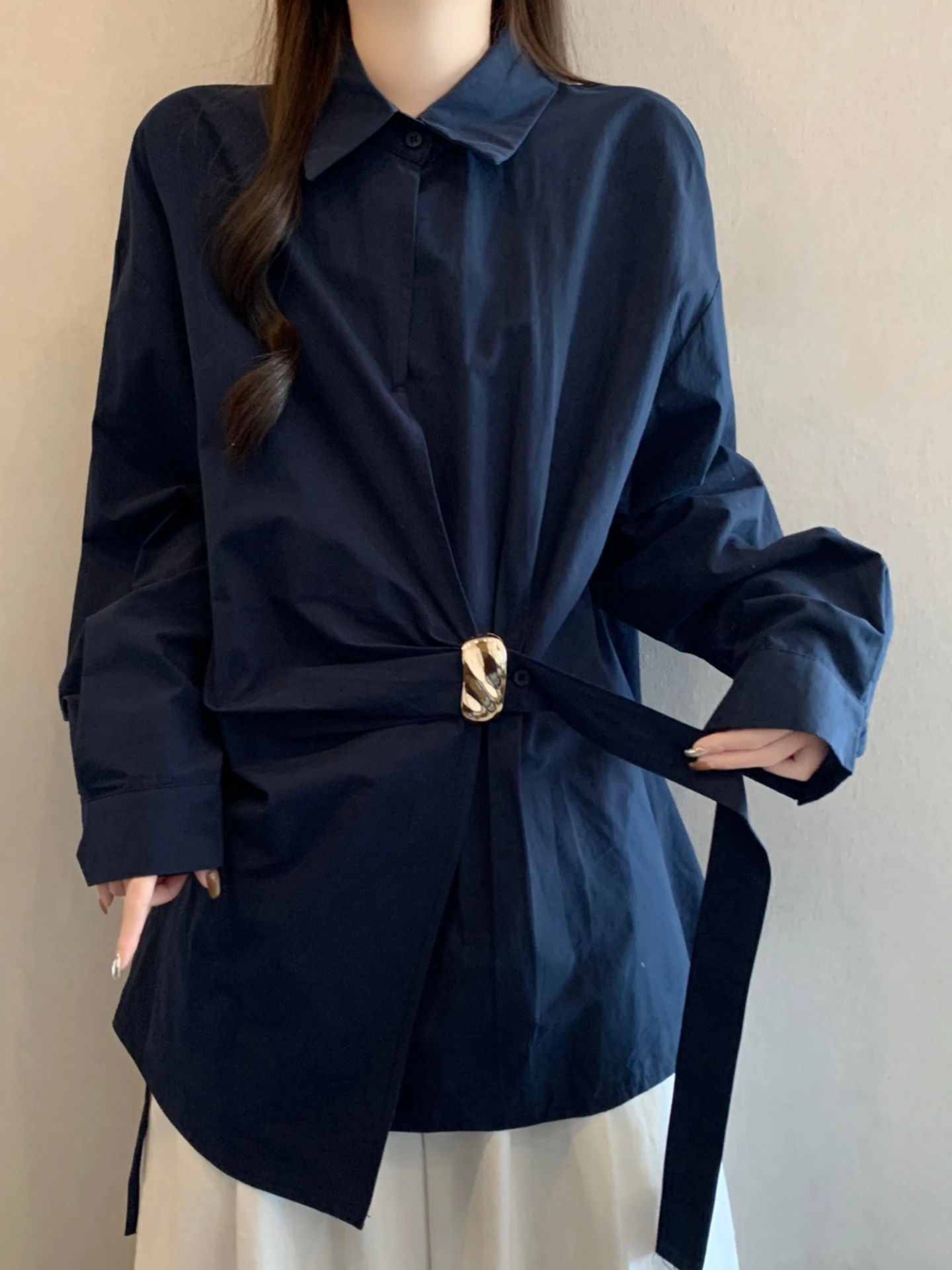 

Women's Long Sleeve Shirt Belted Waist Design Spring Autumn New Style plus Size Slimming Effect Korean Style Straight Cut