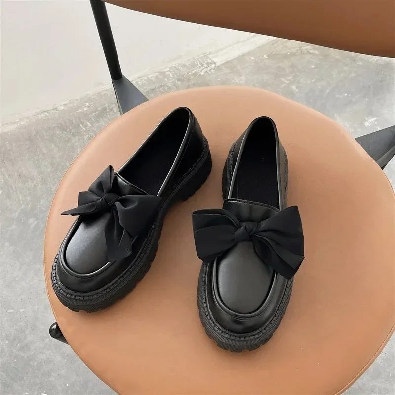 Ladies Shoes 2024 Brand Loafers Women's High Heels Classics Daily Pumps Women Bow Tie Round Toe Square Heel Slip on Shoes Women