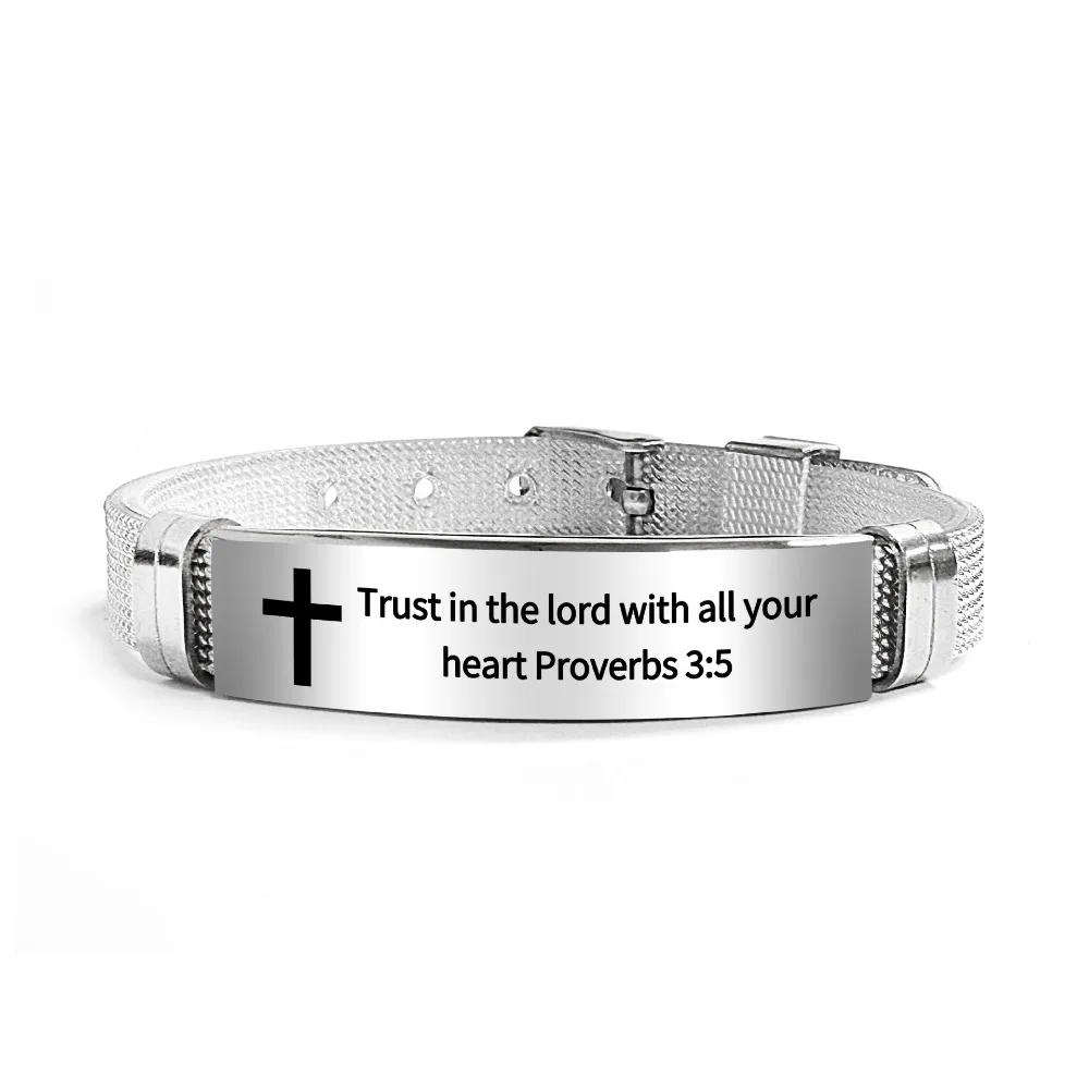 Stainless Steel/PVC Inspirational Quotes Braclets Silver Bible Verse Family Friendship Bracelet Adjustable Bible Verse Bracelet