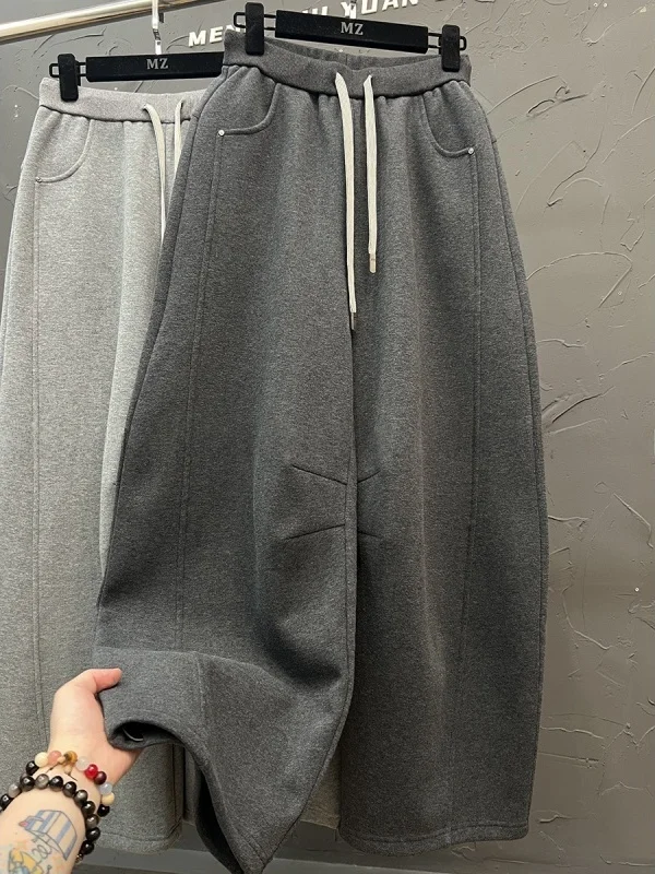 

High Waist Dstring Fce Lined Wide Leg Pants ex Autumn Winter plus Size Faionable Patchwork Design Sweatpants