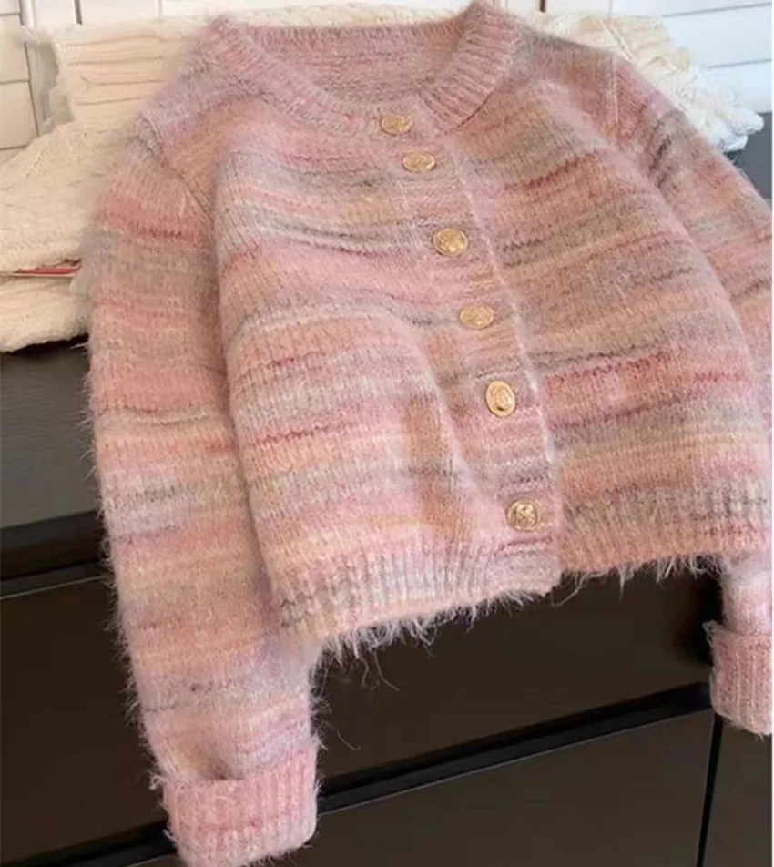 Dolce ragazza moda nuovo autunno inverno rosa a righe Mohair Cardigan lavorato a maglia per le donne collo tondo monopetto maglione cappotti