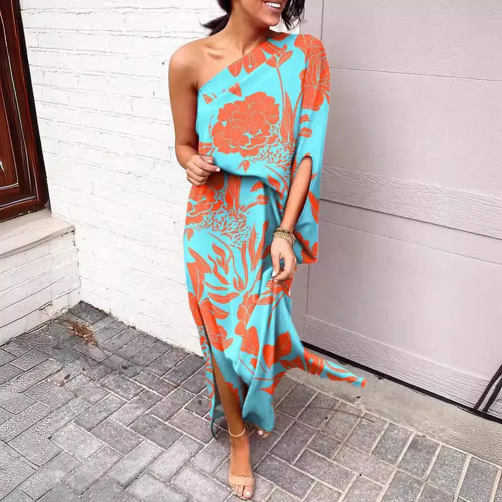 

Summer Fashion New Printed Jumpsuit Women Sexy Irregular Slit Long Skirt Casual Resort Style Slant Collar Half Sleeved Dress