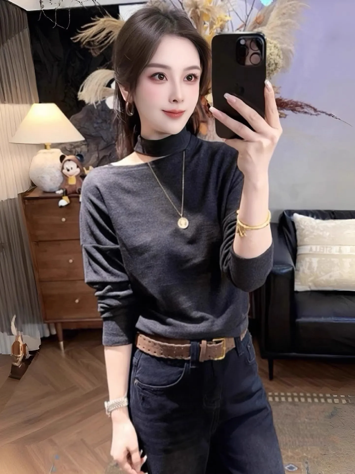 한국 패션 안티에이징 롱 슬리브 오프숄더 네이키드 스타일 티셔츠 여성 가을 겨울 신상 슬림핏 베이스 티셔츠