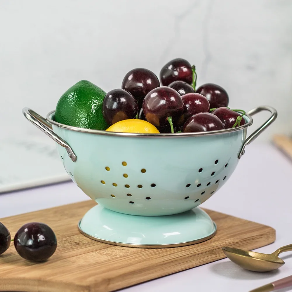 Carbon Steel Enamel Coated Fruit Basket Self Draining Rust-proof Fruit Drain Basket Drop-proof Vegetable Strainer Kitchen