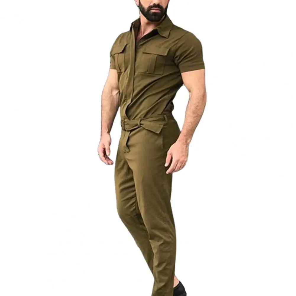 Simple  Work Coverall Slim Fit Summer Men Street Wear Jumpsuit Single Breasted Solid Color Work Jumpsuit Summer Costume