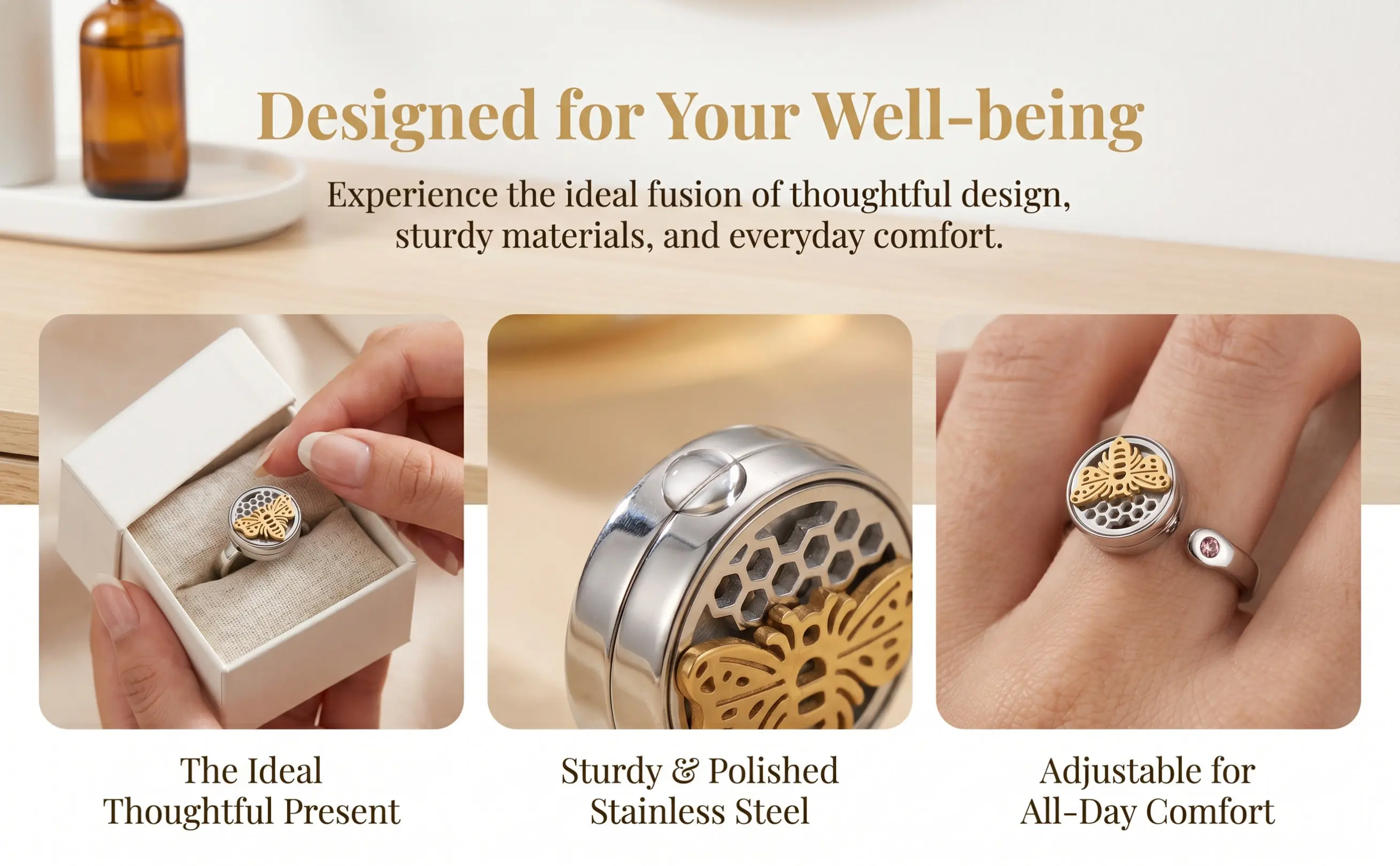Stainless Steel Essential Oil Diffuser Open Ring Adjustable Fashion Finger Ring for Women Aromatherapy Gift Birthday Valentine