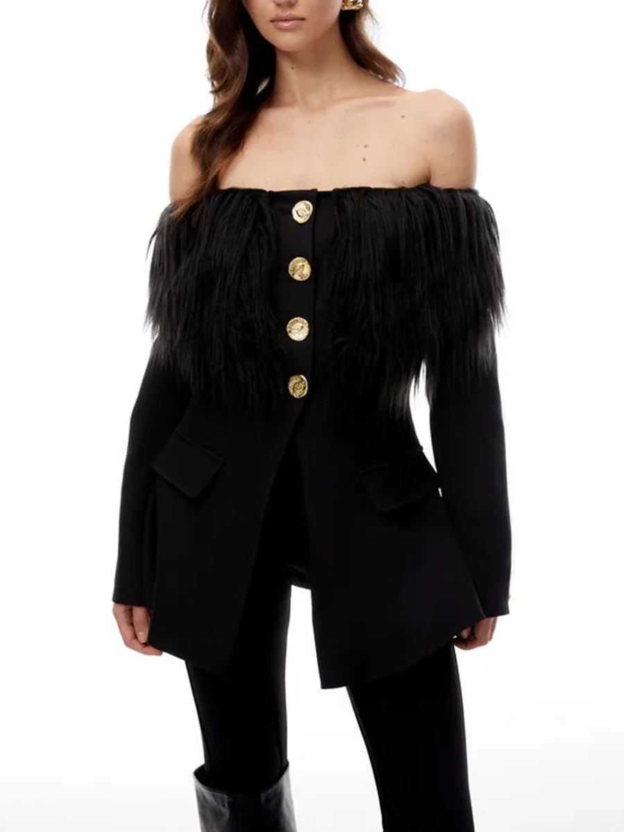 VGH, Blazers adelgazantes de felpa lisos elegantes para mujer, cuello oblicuo, manga con hombros descubiertos, chaqueta con temperamento con botones empalmados para mujer