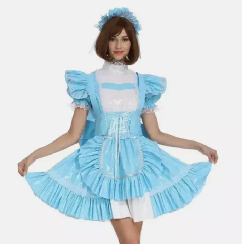 

Sissy Girl Maid PVC Lockable Baby Blue Dress Role Playing Costume Customization