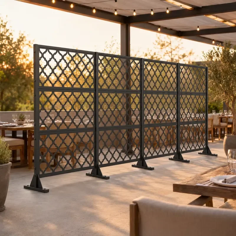 Custom Art Deco Cut Metal Privacy Screen Panels Freestanding Decorative Outdoor Garden Fence Detachable Stand Black