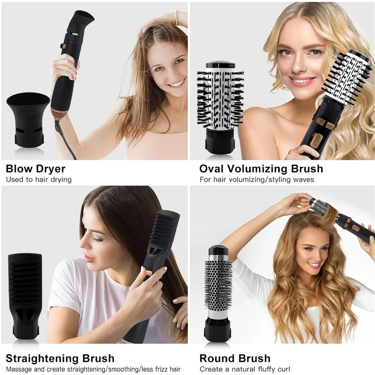 A97G 4-Head Hot Air Brush Hair Dryer Strong Wind Electric Straightener Curler Roller Comb Blower for Woman EU Plug